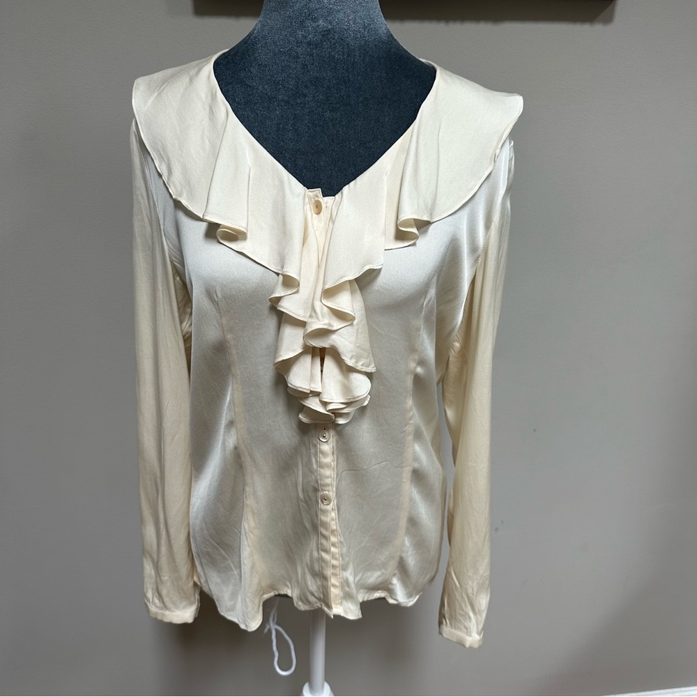 Talbots cream white silk ruffled blouse top button front long sleeve size 6
